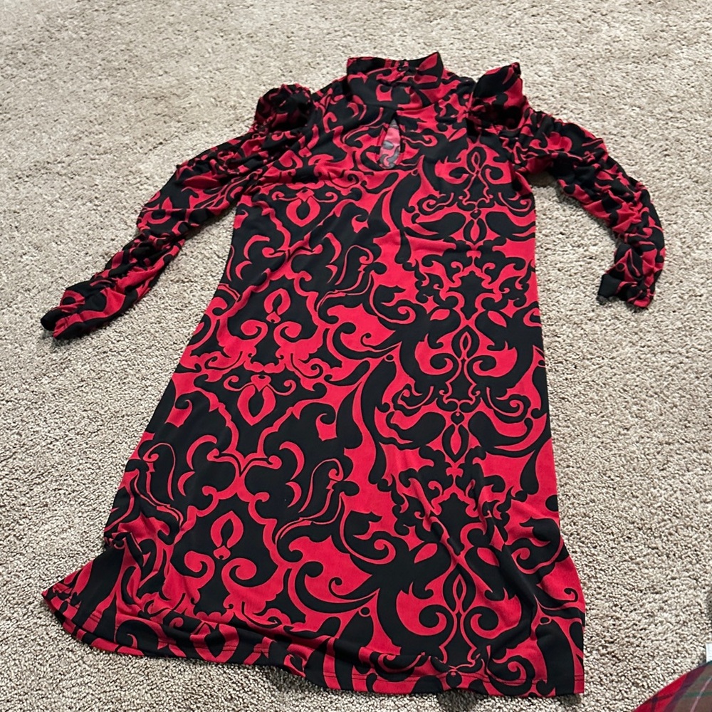 INC International Concepts Red and Black Long Sleeve Dress
